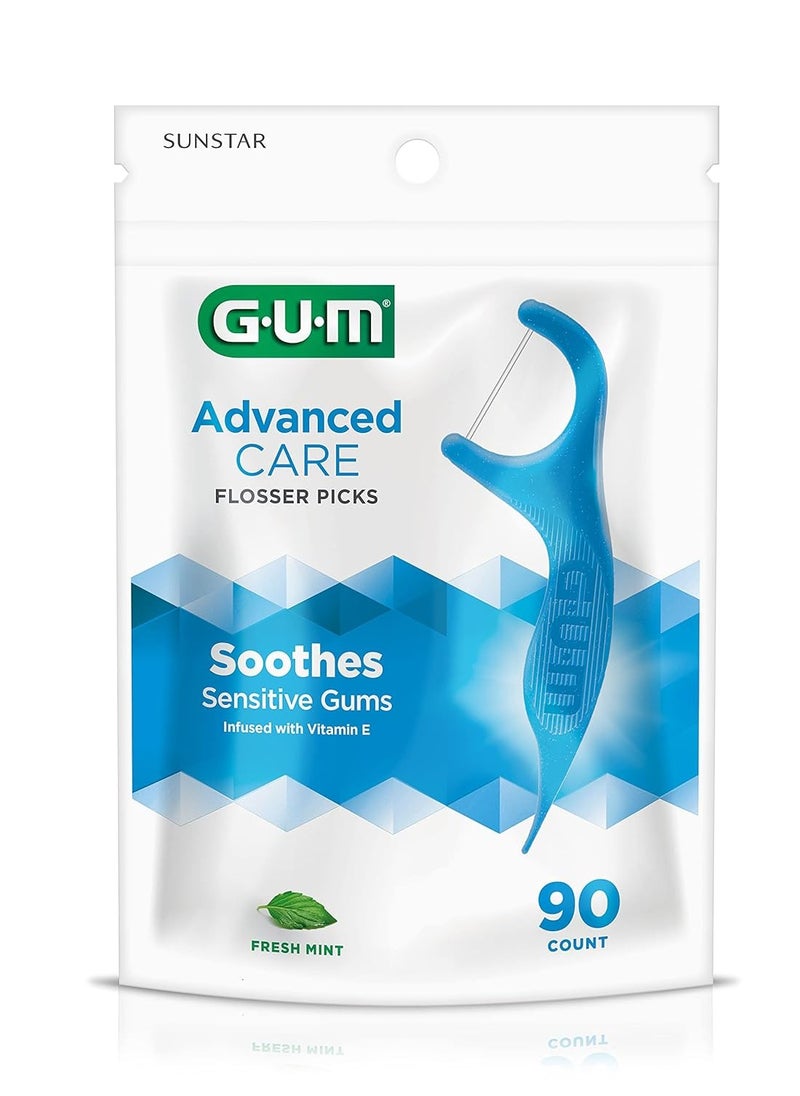 GUM Advanced Care Floss Picks - Dental Flossers for Adults with Vitamin E and Fluoride - Extra Strong Shred-Resistant Dental Floss, Easy Grip Handle, Fresh Mint Flavor, 90 ct (6pk)