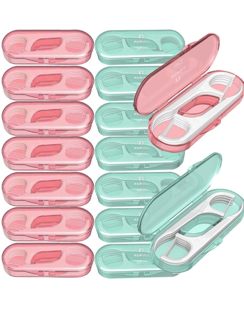 14 Packs Travel Dental Floss Pick Case, Holder, Come with 140pcs Premium QUALIALL Toothpick Flossers for Adults Teeth Cleaning, Sealed Portable Refillable, Green, Pink.