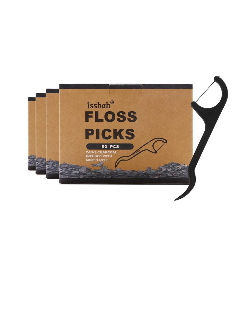 Natural Dental Floss Picks - 200 Count - PETA Approved, BPA Free, Vegan, Sustainable, Eco Friendly, Natural Dental Flossers by Isshah (Charcoal)