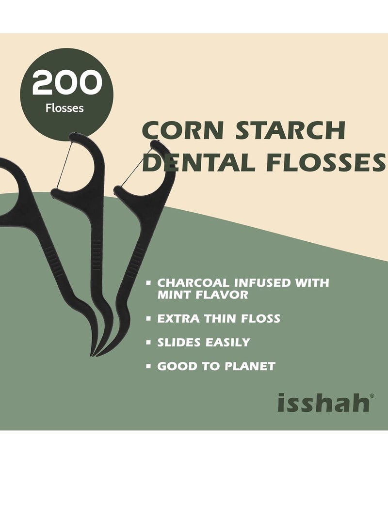 Natural Dental Floss Picks - 200 Count - PETA Approved, BPA Free, Vegan, Sustainable, Eco Friendly, Natural Dental Flossers by Isshah (Charcoal)