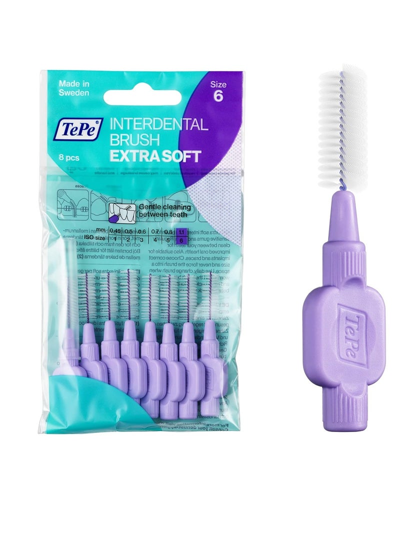 TEPE Interdental Brush Extra Soft, Supersoft Dental Brush for Teeth Cleaning, Pack of 8, 1.1 mm, Large Gaps, Purple, Size 6