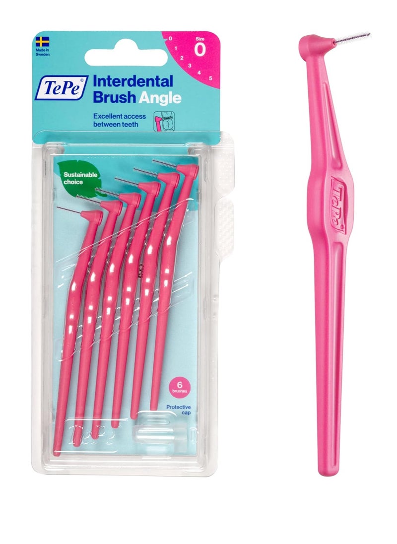 TEPE Interdental Brush Angle, Angled Dental Brush for Teeth Cleaning, Pack of 6, 0.44 mm, Extra-Small/Small Gaps, Pink, Size 0