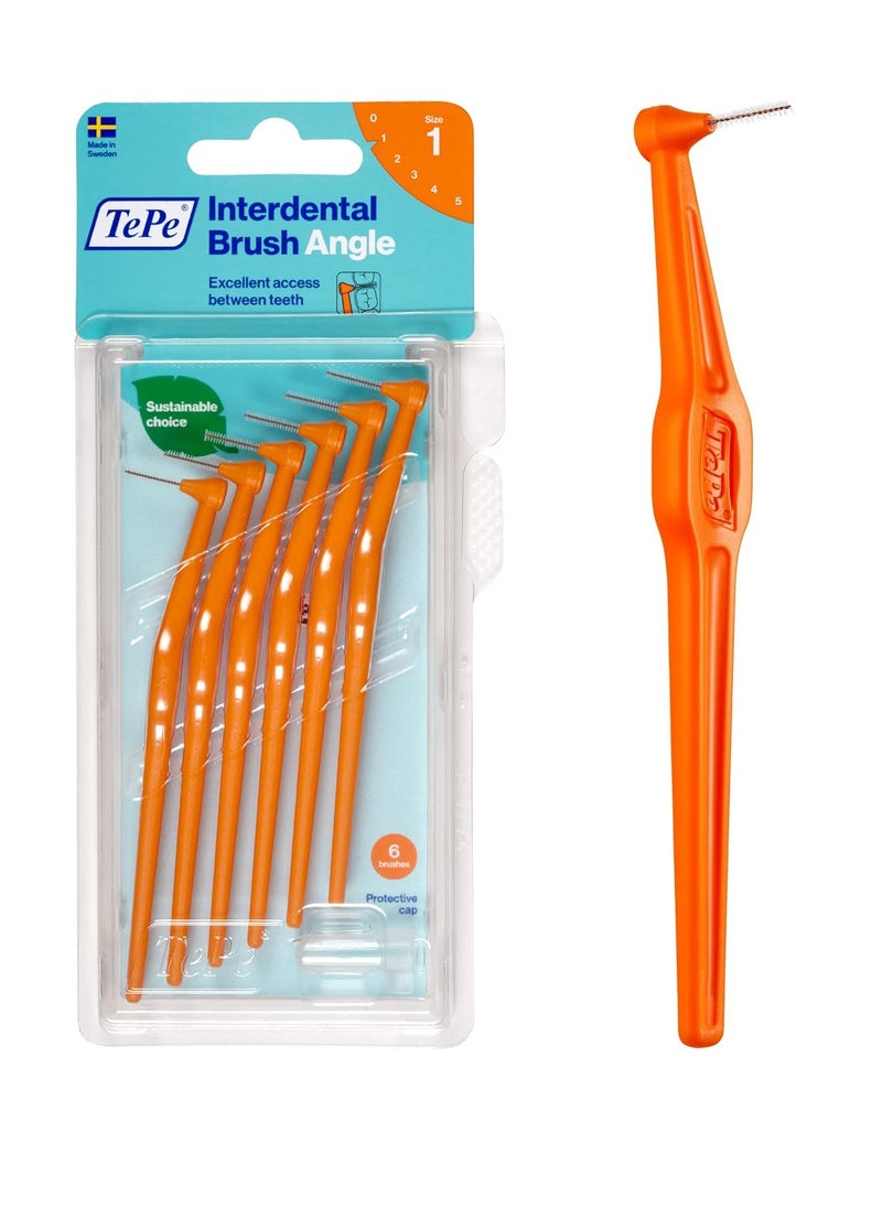 TEPE Interdental Brush Angle, Angled Dental Brush for Teeth Cleaning, Pack of 6, 0.45 mm, Extra-Small/Small Gaps, Orange, Size 1