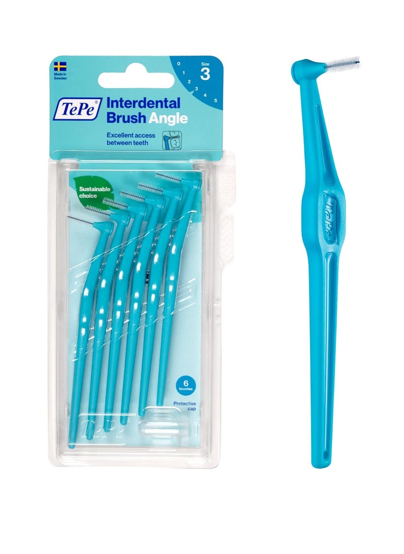 TEPE Interdental Brush Angle, Angled Dental Brush for Teeth Cleaning, Pack of 6, 0.6 mm, Medium Gaps, Blue, Size 3