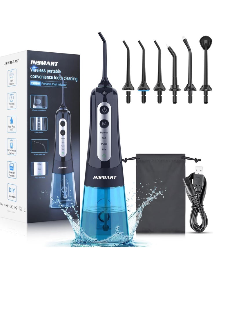 Cordless Water Dental Flosser Teeth Cleaner, INSMART Professional 300ML Tank DIY Mode USB Rechargeable Dental Oral Irrigator for Home and Travel, IPX7 Waterproof 4 Modes Irrigate for Oral Care Blue