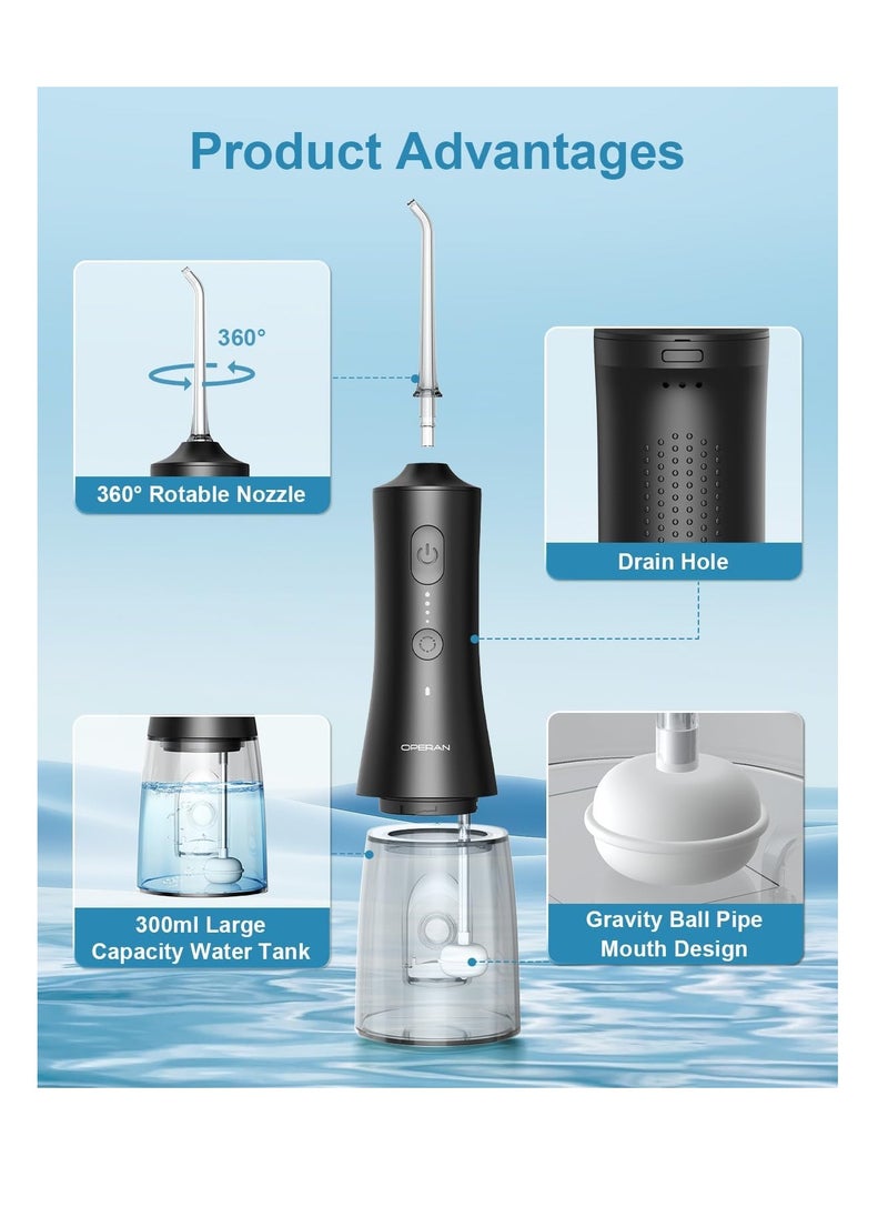 Operan Water Flossers for Teeth Cleaning Upgraded 300ml Cordless Water Dental Flossers Portable Rechargeable Oral Irrigator with 4 Modes 4 Jet Tips IPX7 Waterproof Water Floss for Home Travel (Black)