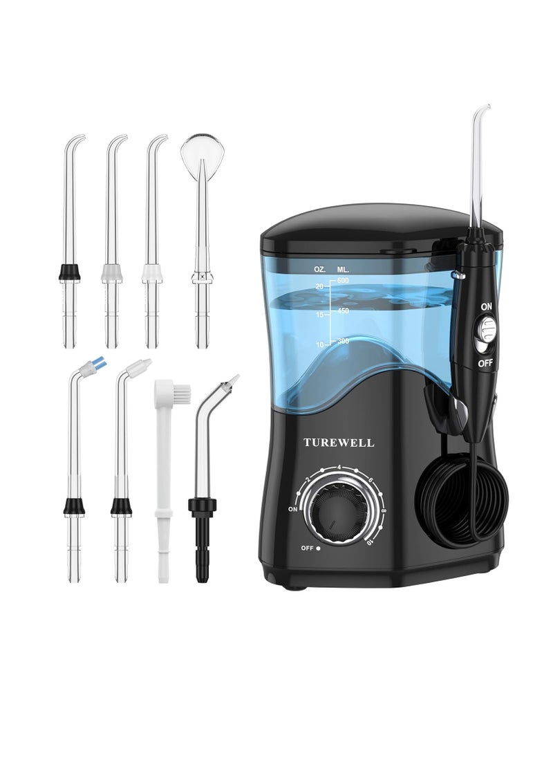 TUREWELL Water Dental Flosser for Teeth/Braces, Water Teeth Cleaner 8 Jet Tips and 10 Pressure Levels, 600ML Large Water Tank Oral Irrigator for Family(Black)