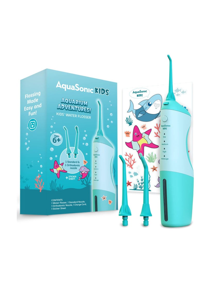 AquaSonic Kids' Water Flosser for Ages 6+ | Standard Nozzle, Orthodontic Nozzle & Waterproof Stickers | 4 Flossing Modes | Aquarium Adventures Theme (Blue)