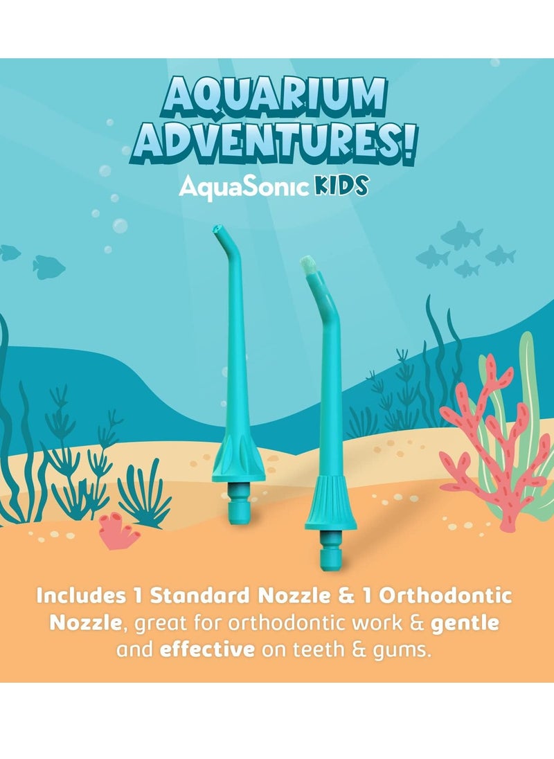 AquaSonic Kids' Water Flosser for Ages 6+ | Standard Nozzle, Orthodontic Nozzle & Waterproof Stickers | 4 Flossing Modes | Aquarium Adventures Theme (Blue)