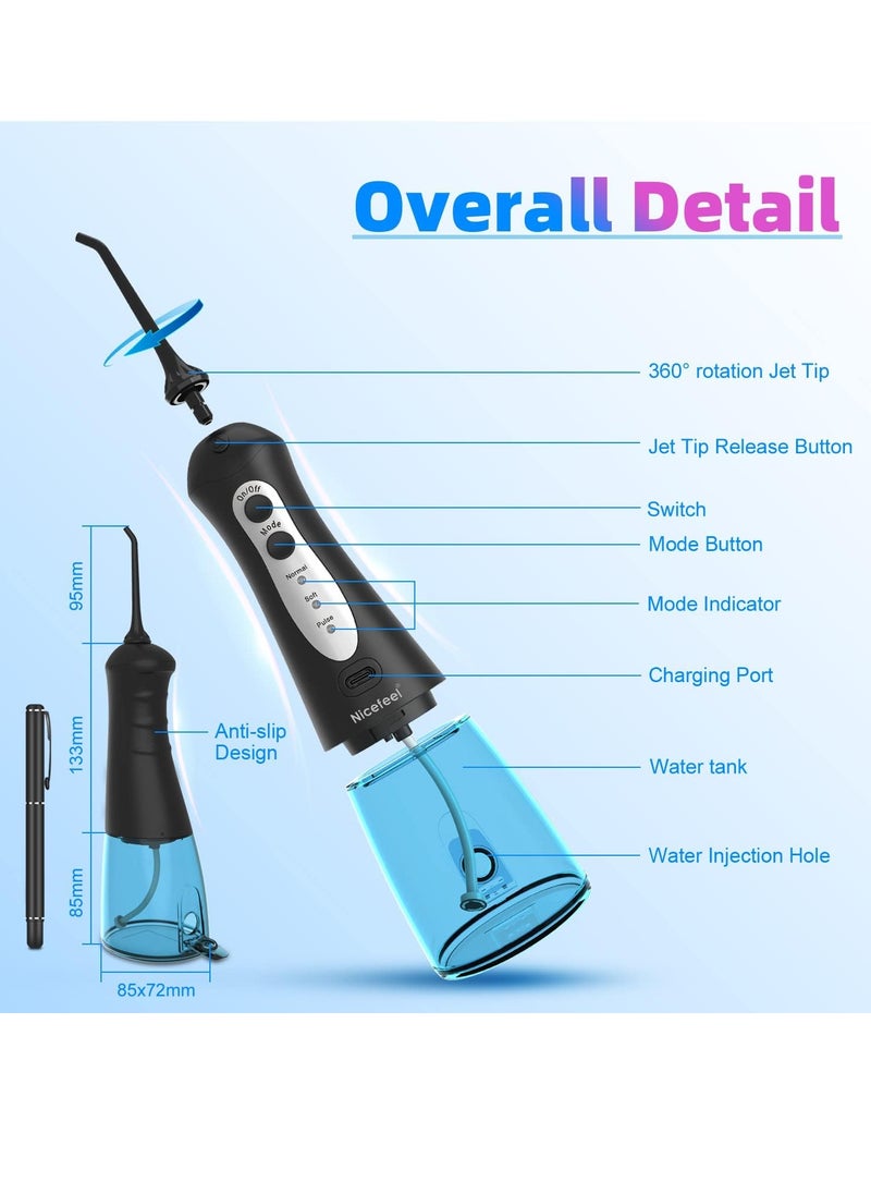 Cordless Water Flosser Teeth Cleaner, Nicefeel 300ML Portable and Rechargeable Oral Irrigator for Travel, IPX7 Waterproof, 3-Mode Water Flossing with 4 Jet Tips for Family