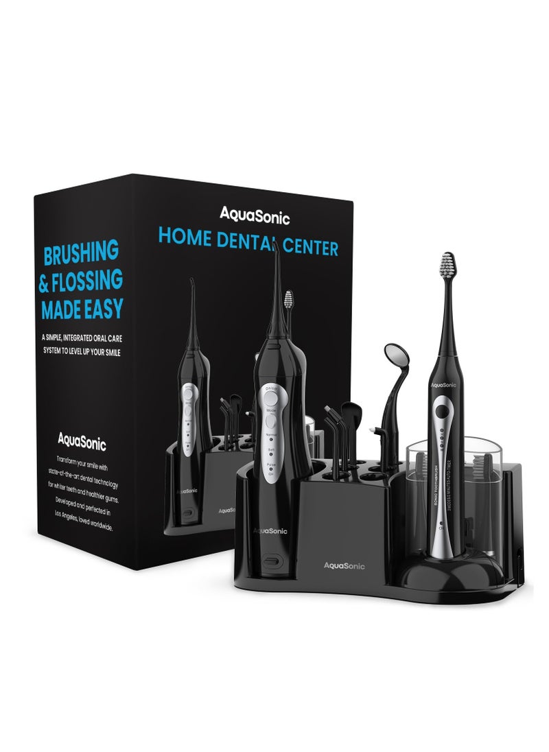 AquaSonic Home Dental Center Rechargeable Power Toothbrush & Smart Water Flosser - Complete Family Oral Care System - 10 Attachments and Tips Included - Various Modes & Timers (Black)