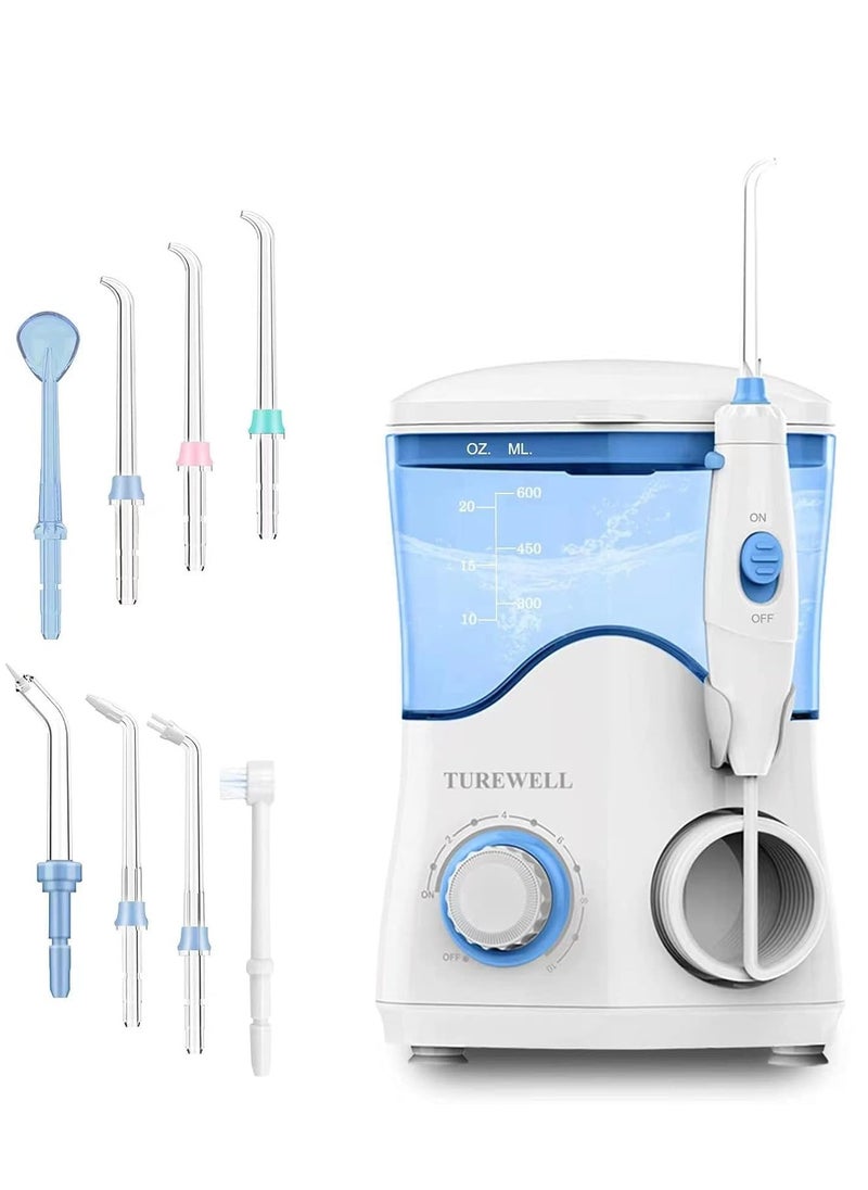 TUREWELL FC162 Water Dental Flosser for Teeth/Braces,10 Pressure Levels, 8 Water Jet Tips for Family, 600ML Electric Water Dental Oral Irrigator for Teeth Clean (White)