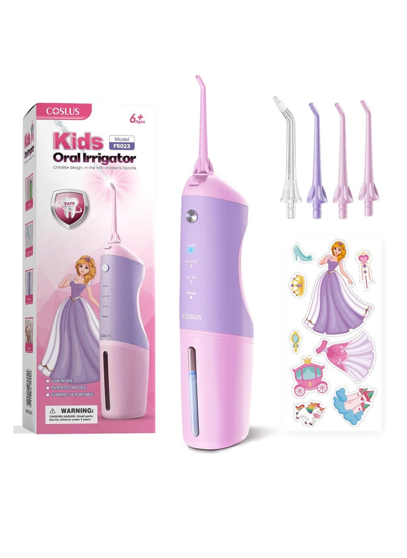 COSLUS Kids Water Dental Flosser Deep Cleaning Picks, Portable, 4 Modes for Ages 6+ Safe Waterproof Flosser Rechargeable with 4 Jet Tips for Gums Care F5023 Pink Purple