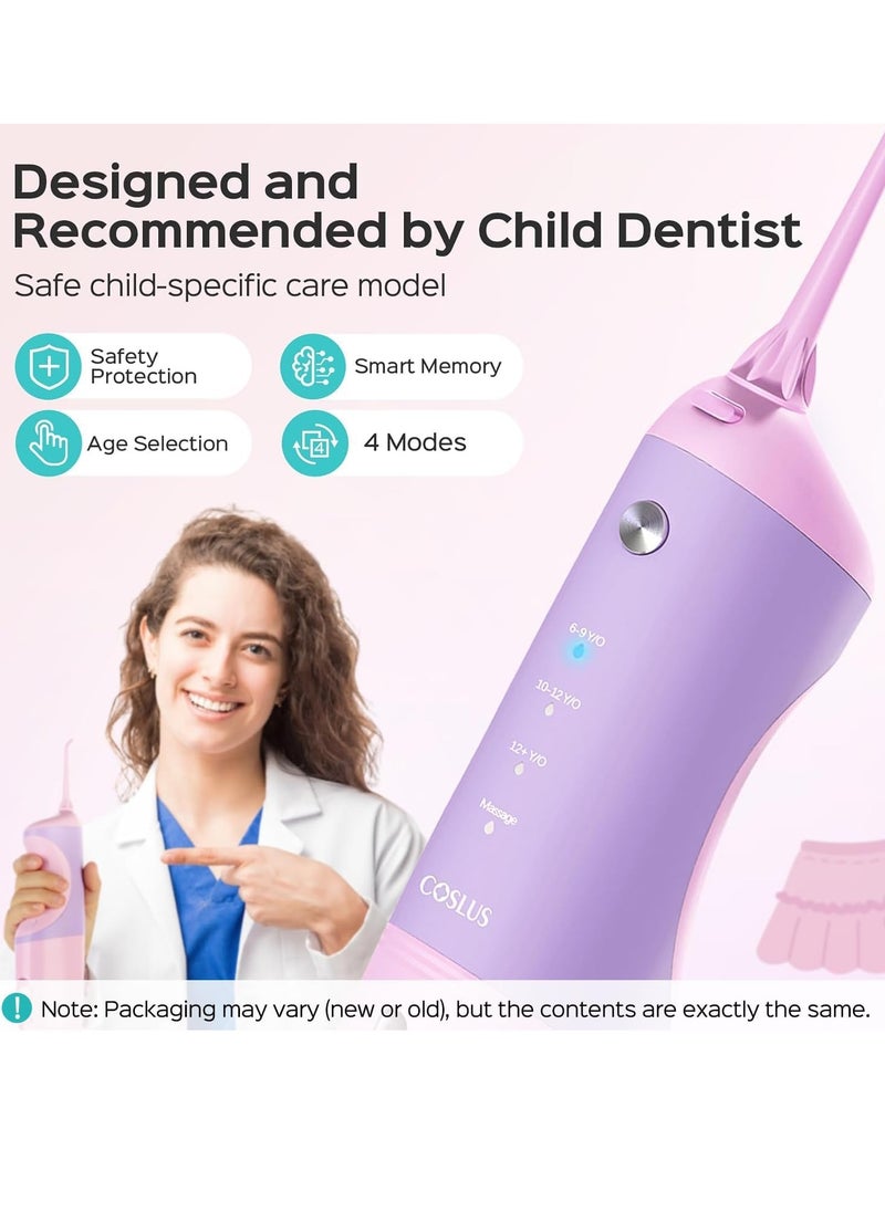 COSLUS Kids Water Dental Flosser Deep Cleaning Picks, Portable, 4 Modes for Ages 6+ Safe Waterproof Flosser Rechargeable with 4 Jet Tips for Gums Care F5023 Pink Purple