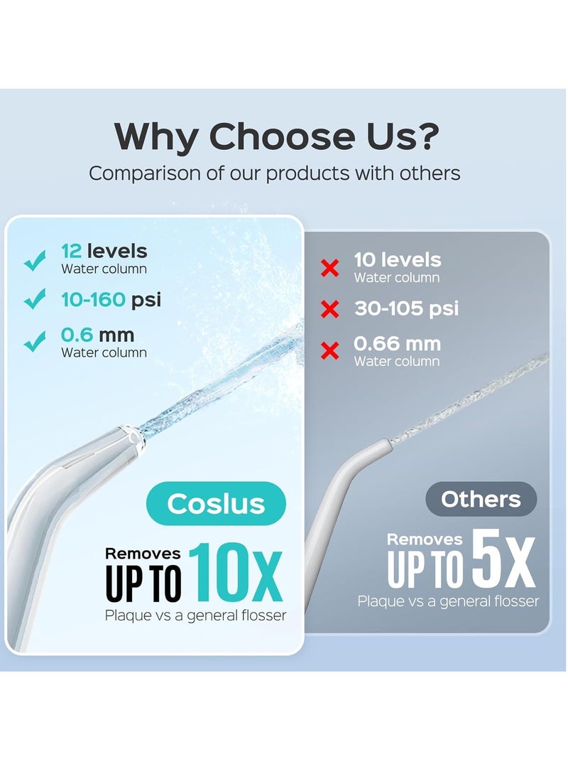 Water Dental Flosser Teeth Pick: COSLUS 12 Settings Pressure Professional Gums, Braces, Dental Care, 600ML Electric Oral Irrigator Waterproof Flossing Cleaner Deep Cleaning with 5 Tips for Family E1