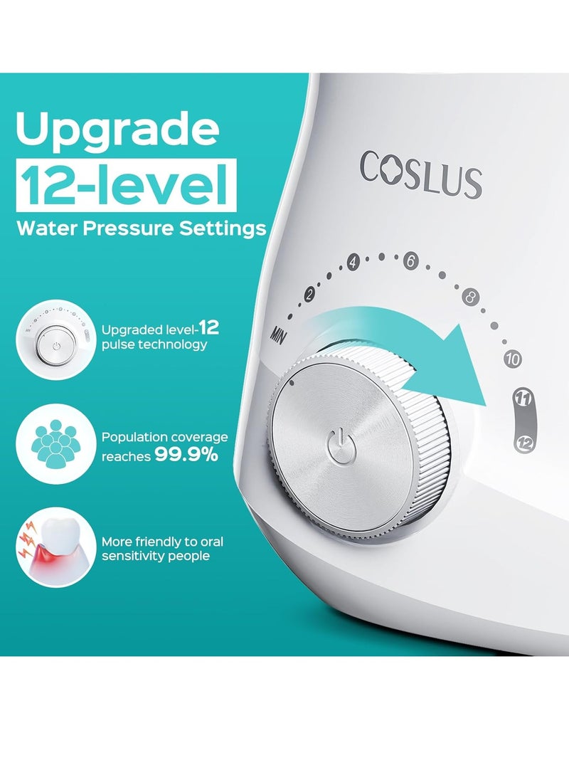 Water Dental Flosser Teeth Pick: COSLUS 12 Settings Pressure Professional Gums, Braces, Dental Care, 600ML Electric Oral Irrigator Waterproof Flossing Cleaner Deep Cleaning with 5 Tips for Family E1