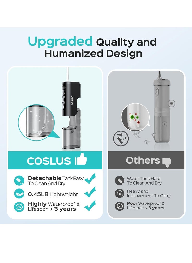 COSLUS Water Dental Flosser Pick: Cordless Mini Water Teeth Flossers, Portable Travel Picks for Tooth Cleaning, Removable Water Tank & Jet Tips Storable, IPX7 Waterproof Electric Oral Irrigator, Black