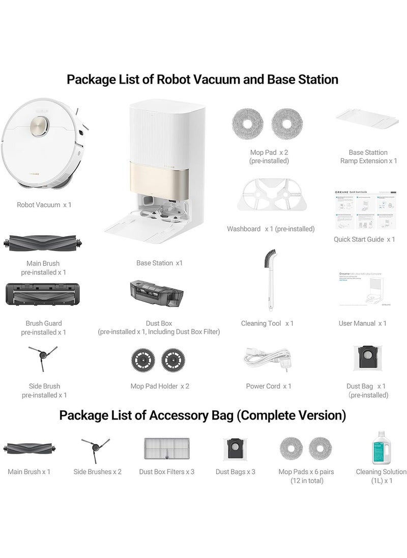 Dreame X40 Ultra Complete Robot Vacuum Cleaner, 12000 Pa Robotic Vacuum with Removable and Lift Mop, Extensive Cleaning with Side Brushes, MopExtend technology, Self-Cleaning Mop in 70° Hot Water