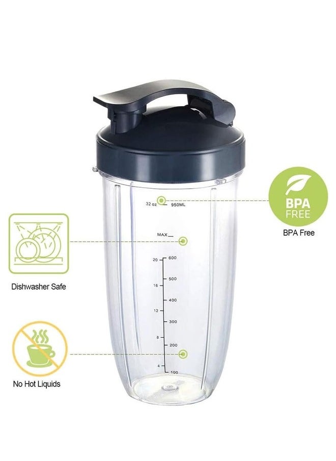 Replacement Parts for NutriBullet 600W/900W Blenders - 32OZ Cups with Flip Top To-Go Lids and Extractor Blade