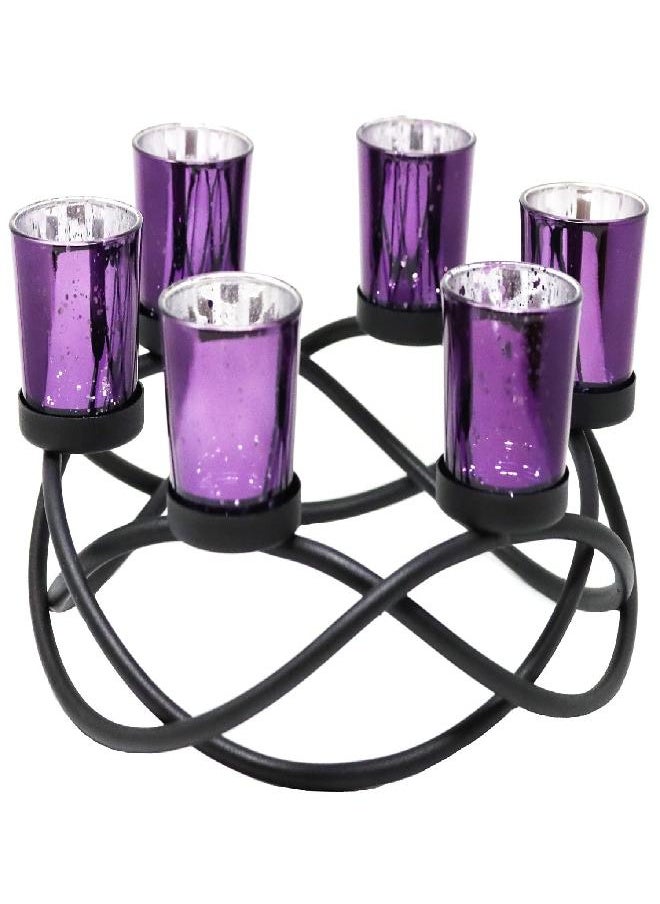 Seraphic Iron Circular Table Centerpiece Decorations Candle Holder for Weddings, Patio, Kitchen, Dining Room, and Coffee Tables, Glass Votive Tealight Holders, Black, 6 Purple Cups