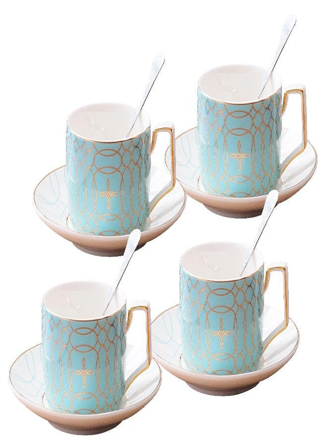 Jusalpha Porcelain Tea Set-Service of 4- Modern Elegant Mint Green Tea Cup and Saucer Set-Coffee Cup Set with Saucer and Spoon,TCS15 (4) (Blue)