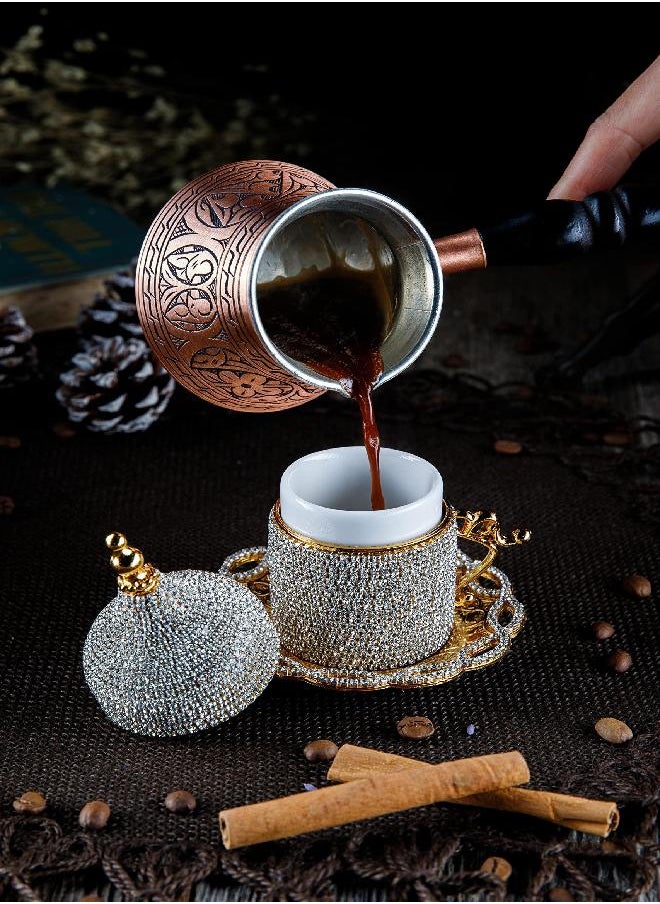 DEMMEX Turkish Coffee Espresso Cup with Inner Porcelain, Metal Holder, Saucer and Lid (Gold with Crystals)