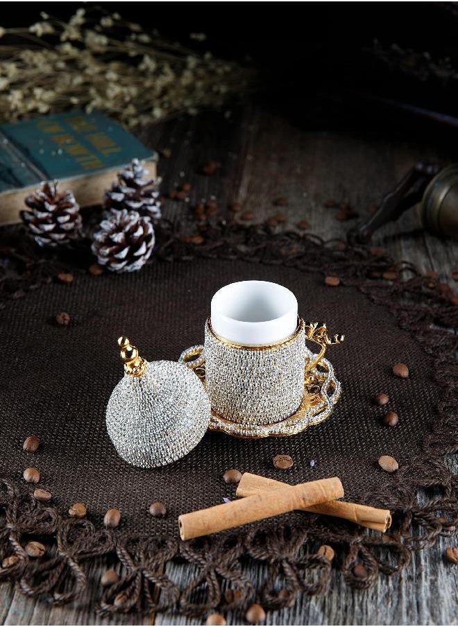 DEMMEX Turkish Coffee Espresso Cup with Inner Porcelain, Metal Holder, Saucer and Lid (Gold with Crystals)