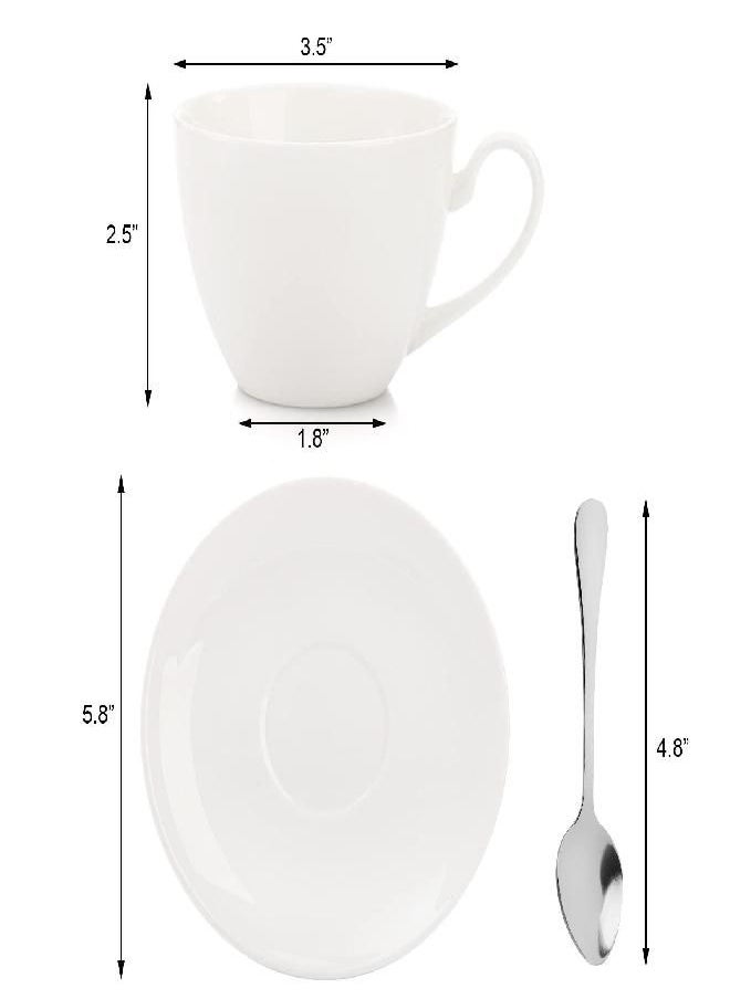 Foraineam Espresso Cups with Saucers and Spoons, 6 oz White Tea Cup Set, Porcelain Coffee Cup and Saucer Set with Stainless Steel Spoon for Specialty Coffee Drinks, Latte, Cafe Mocha and Tea, Set of 6
