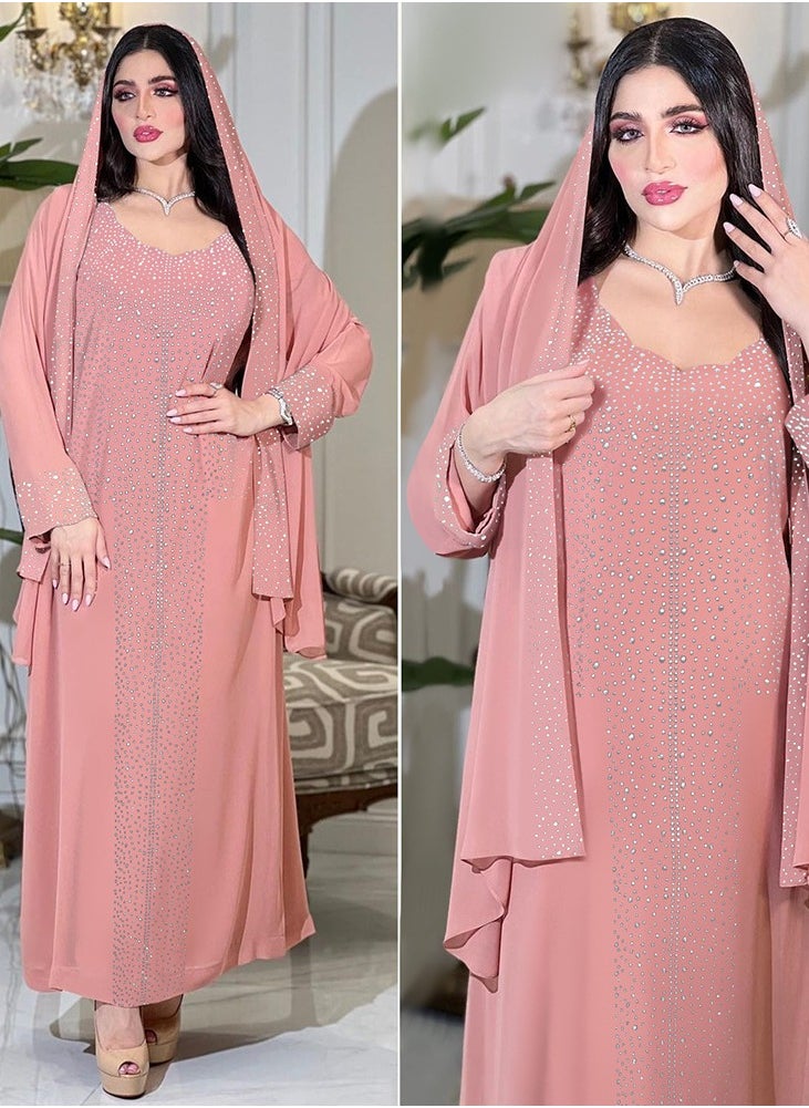 Shiny Pink Sequin Chiffon Long Robe Gown for Evening Party(including headscarf)