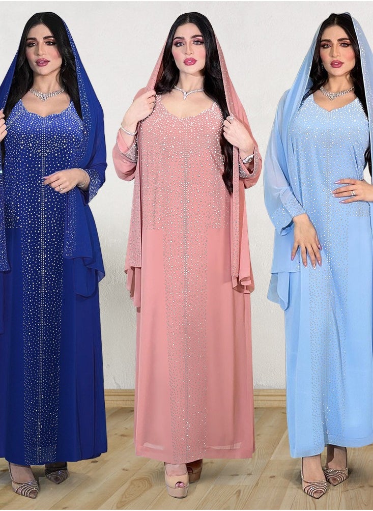 Shiny Pink Sequin Chiffon Long Robe Gown for Evening Party(including headscarf)