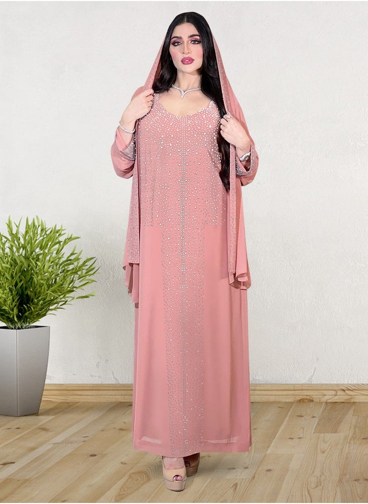 Shiny Pink Sequin Chiffon Long Robe Gown for Evening Party(including headscarf)