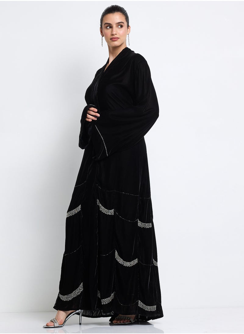 Silver Embroidered Velvet Abaya + Shella