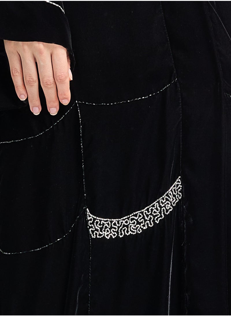 Silver Embroidered Velvet Abaya + Shella