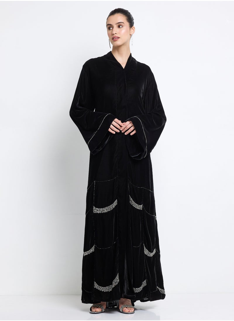 Silver Embroidered Velvet Abaya + Shella