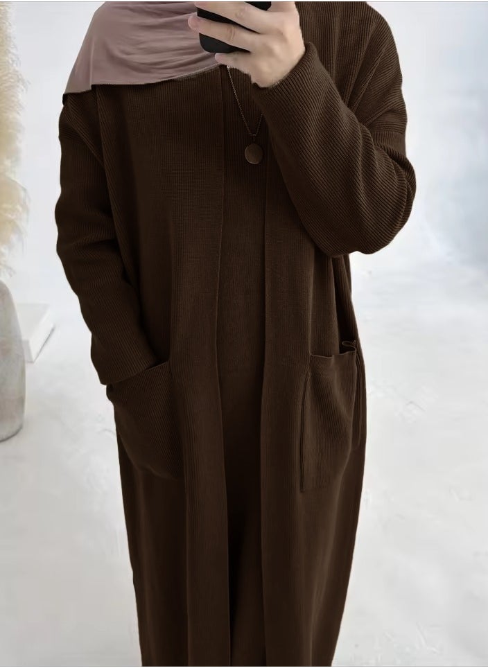 Brown Winter Abaya with Double Pocket Design