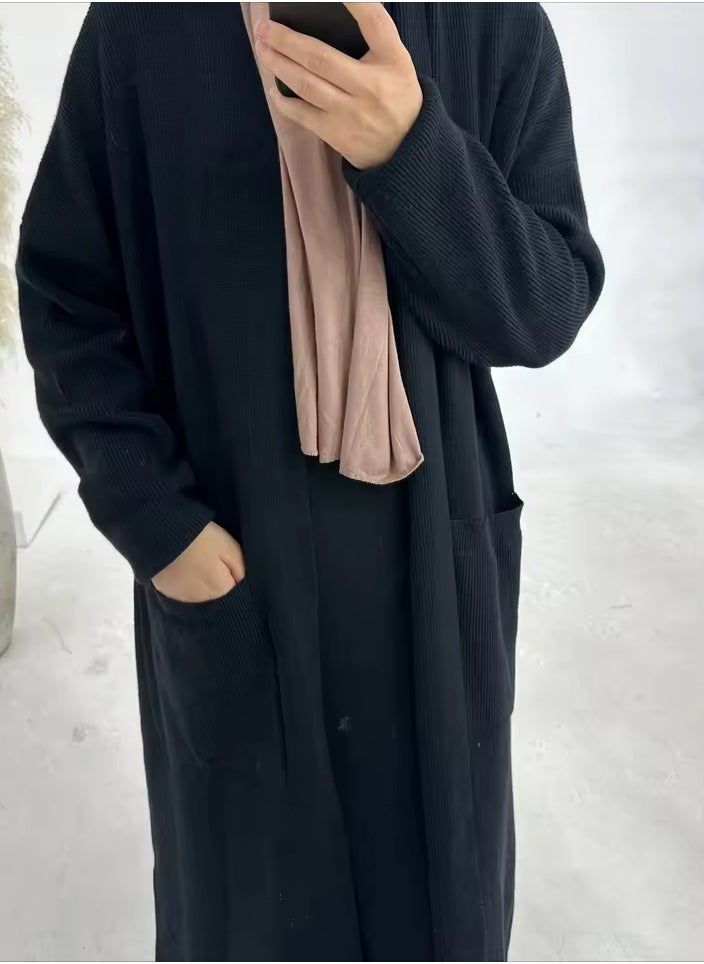 Black Winter Abaya with Double Pocket Design