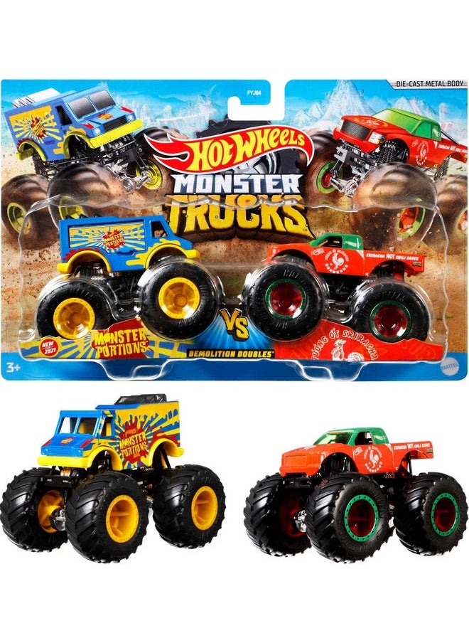 Monster Trucks Toy Trucks 2-Pack, Demolition Doubles Set Of 2 Vehicles In 1:64 Scale, For Kids & Collectors (Styles May Vary)