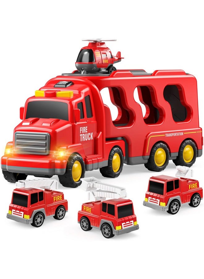 Fire Toys For 3 4 5 6 Years Old Boys Girls - 5 In 1 Carrier Truck Transport For Toddlers 1-3, Friction Power Vehicles For Kids 3-5, Christmas Birthday Gifts - Age 3-9