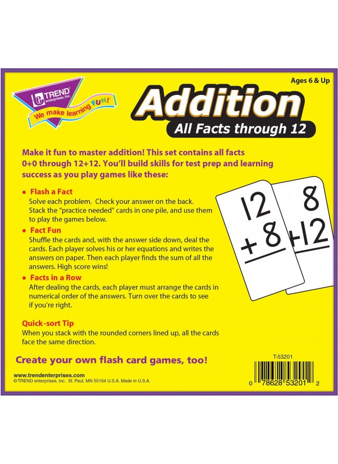 Trend Enterprises: Addition All Facts Through 12 Skill Drill Flash Cards, Great for Skill Building and Test Prep, Self-Checking Design, 169 Cards Included, for Ages 6 and Up