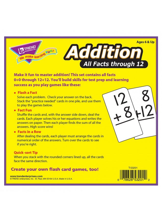 Trend Enterprises: Addition All Facts Through 12 Skill Drill Flash Cards, Great for Skill Building and Test Prep, Self-Checking Design, 169 Cards Included, for Ages 6 and Up