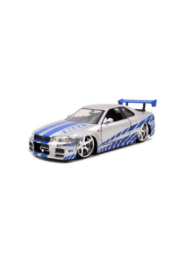 Jada Toys Fast & Furious Brians 2002 Nissan Skyline R34 Die-cast Car, 1:24 Scale, Silver & Blue,19808