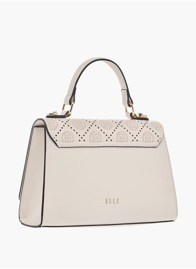 Monogram Embroidered Satchel Bag with Detachable Strap and Flap Closure