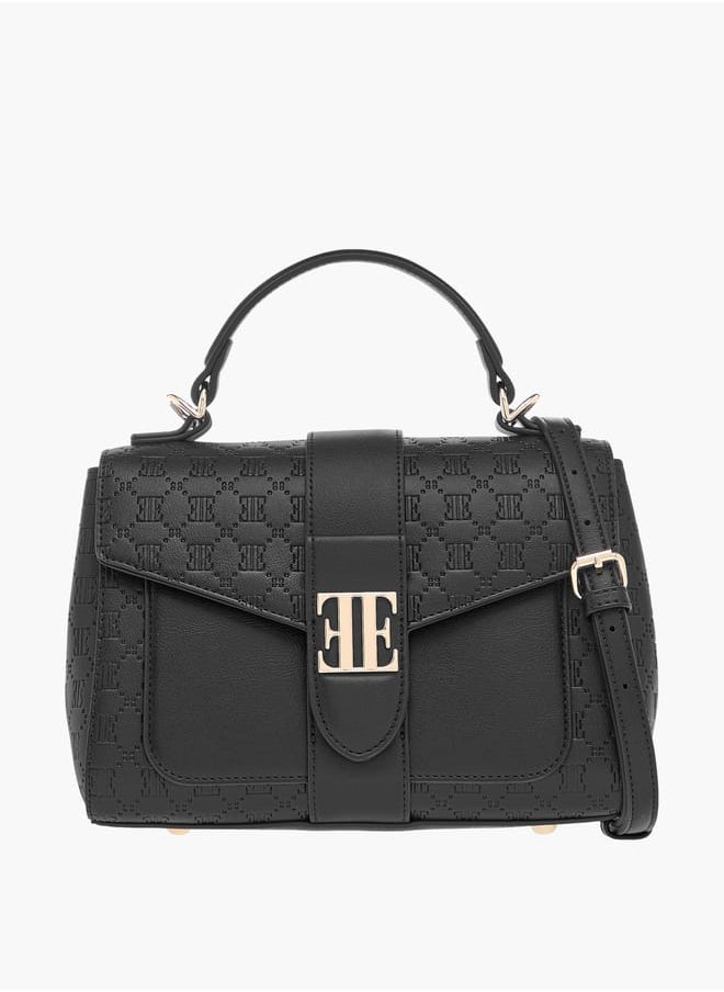 Monogram Embossed Satchel Bag with Flap Closure and Detachable Strap