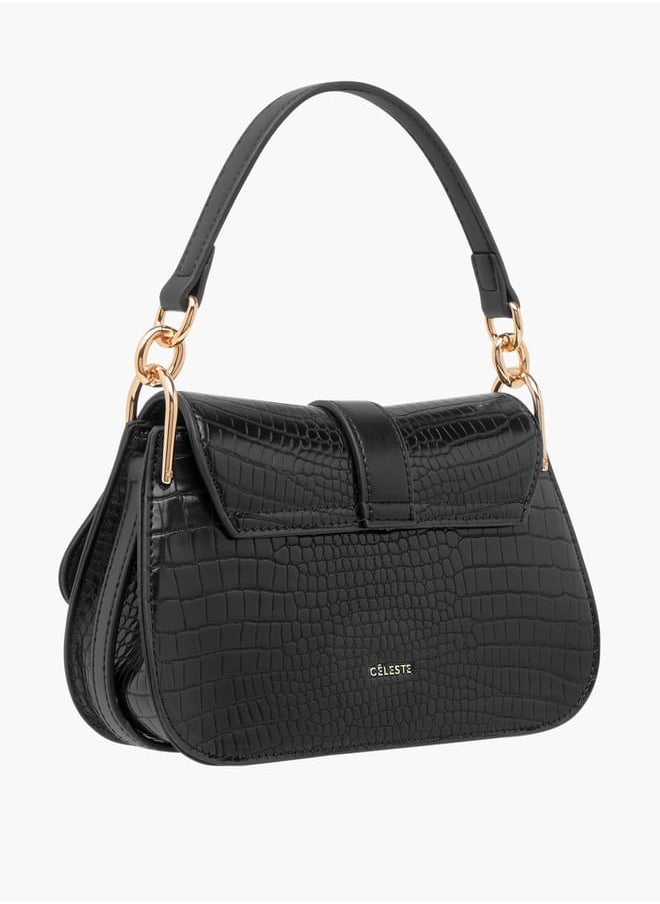 Animal Textured Satchel Bag with Detachable Strap and Flap Closure