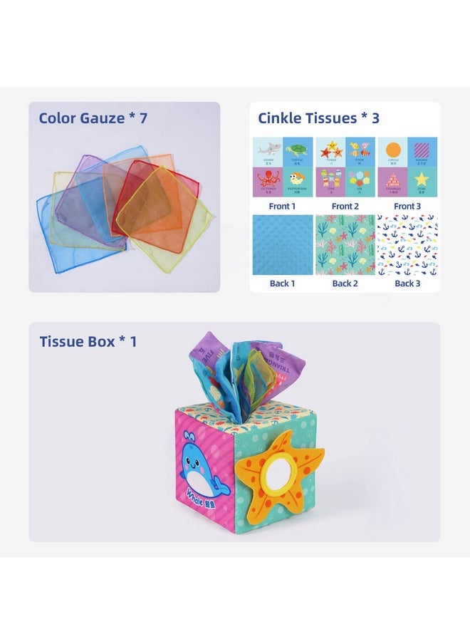 Baby Square Tissue Box Toy, Baby Sensory Toys Musical Toys Montessori Toys Crinkle Toys Colorful Soft Scarf Box For 6 9 12 Months Toddlers Infants Newborns Gift(Sea)