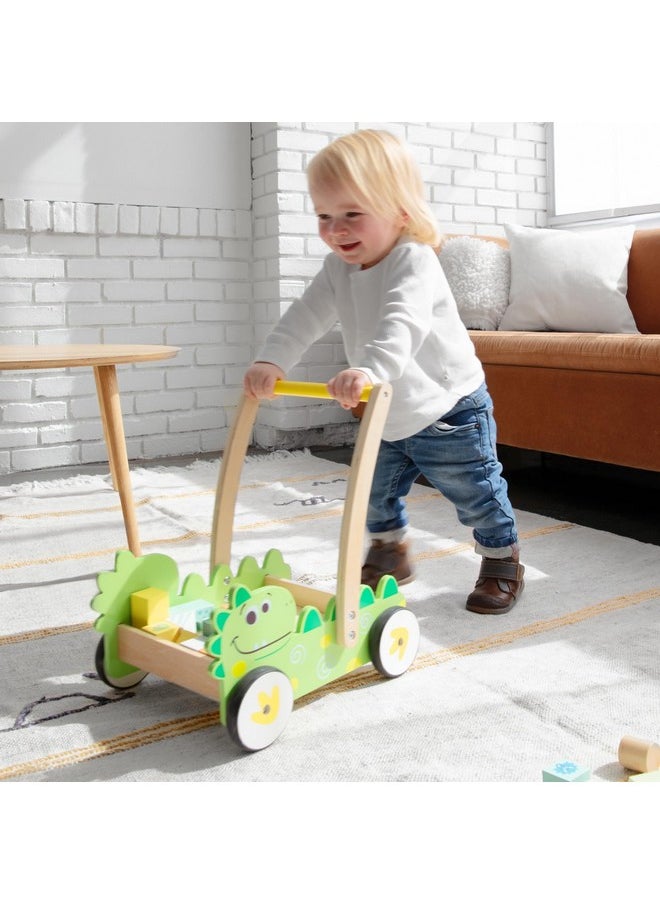 Wooden Baby Walker | Gift For 1 Year Old Boy Girl | Includes Dinosaur Push Walker, 36 Pcs Wooden Toddler Blocks, Stacking Cups And Board Book