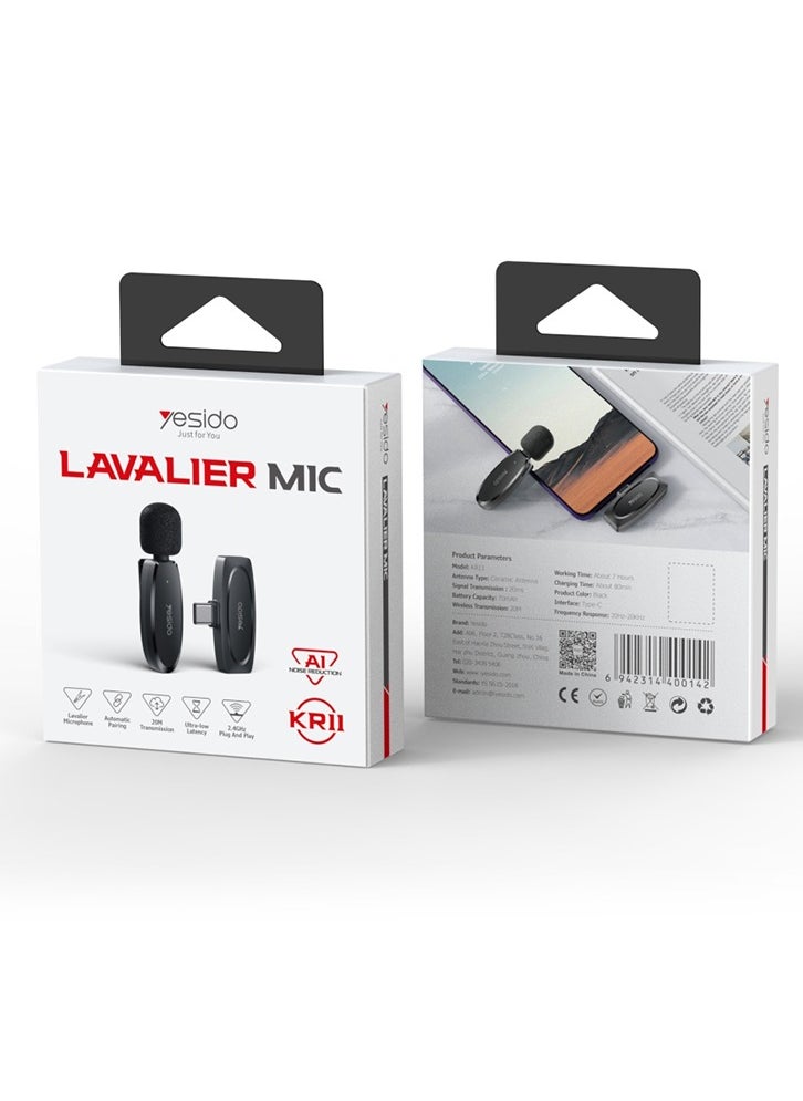 Lavalier Mic Kr11 Noise AI Reduction Best Microphone For Vlogers Black