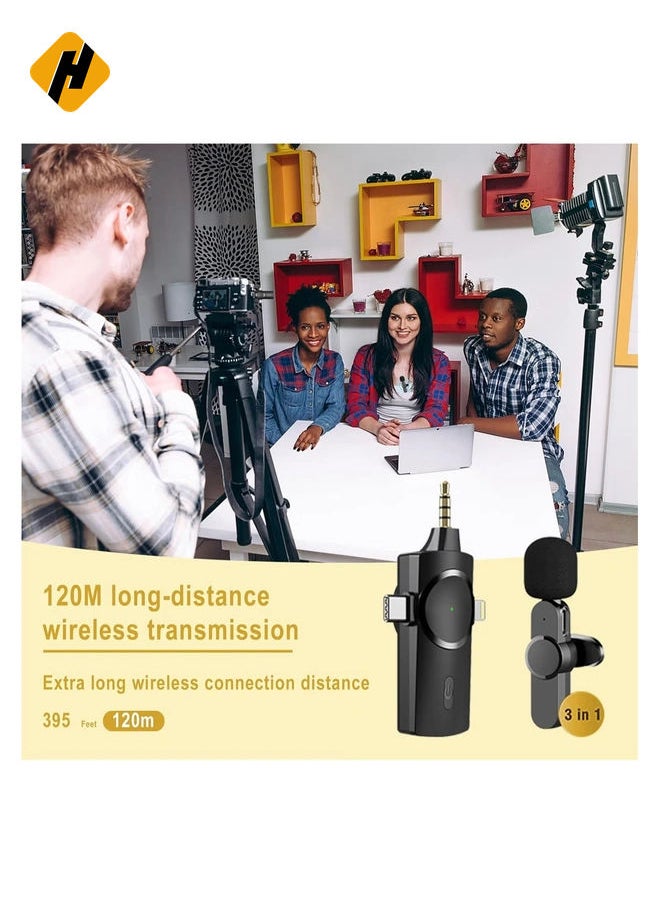 Wireless Microphone,3-in-1 Plug-Play Lapel Microphone for iPhone iPad Android Camera for Recording,YouTube,TikTok, Facebook Live Stream,Noise Reduction Auto-Sync (NO APP or Bluetooth Needed)