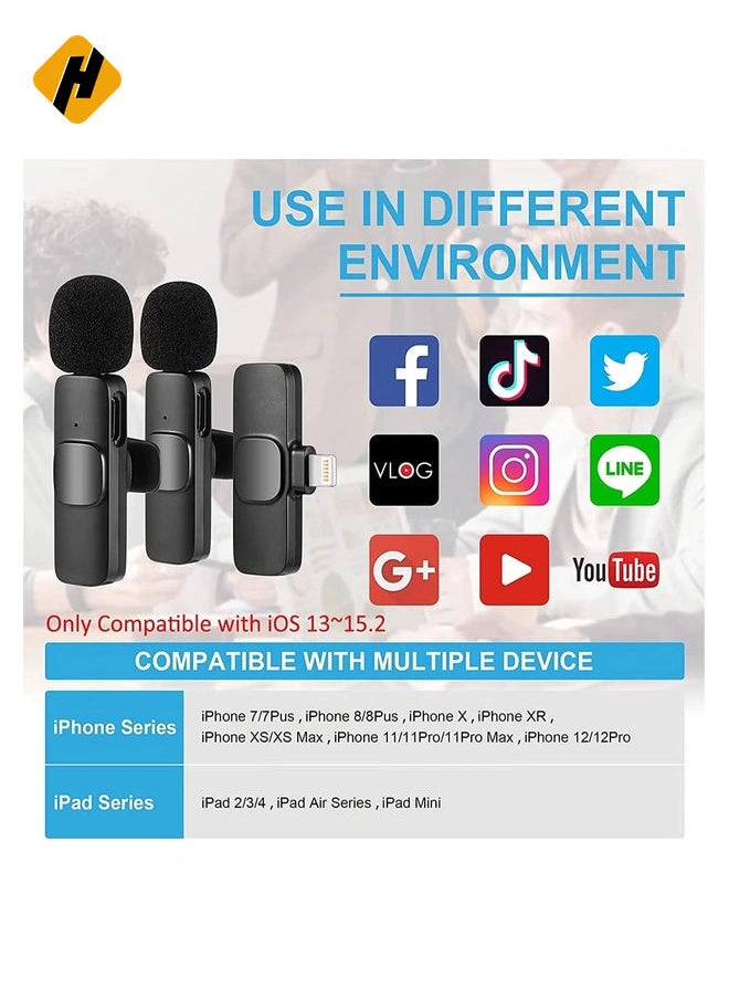 Wireless Microphone for iPhone iPad, Plug-Play Wireless Lavalier Mic with 2 Microphone for Phone Video Recording, Interview, Vlog