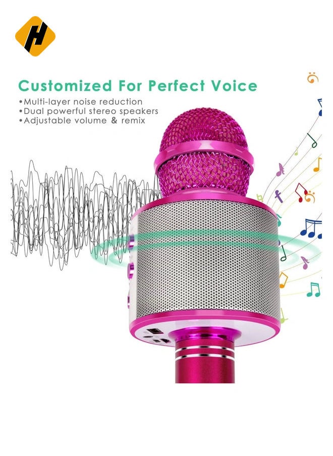 Wireless Bluetooth Karaoke Microphone for Kids, 5-in-1 Portable Handheld Karaoke Mic Speaker Player Recorder with Adjustable Remix FM Radio for Kids Girls Boys Teens Birthday (858-Hot Pink)